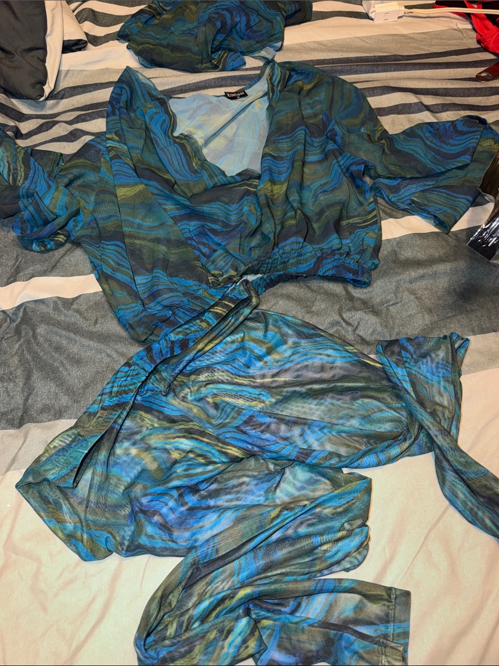 Sheer Blue-Green Wrap Swim Coverup med top large pants with head scarf